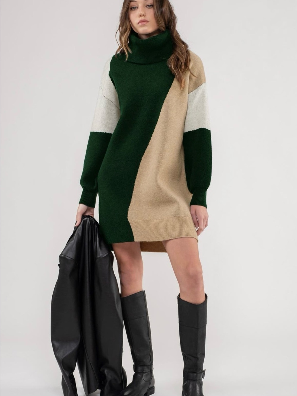 Blu Pepper Colorblock Turtleneck Sweater Dress in Dark Green, Cream & Tan